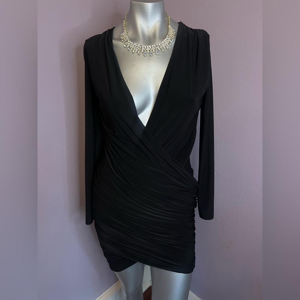 PrettyLittleThing Black Long Sleeve Ruched Wrap Mini Dress